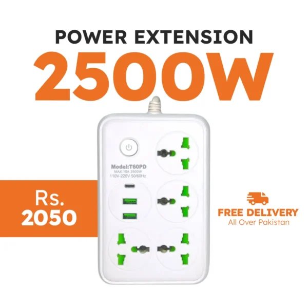 Power Extension with 5 Universal Sockets, 2 USB & 1 Type C Port