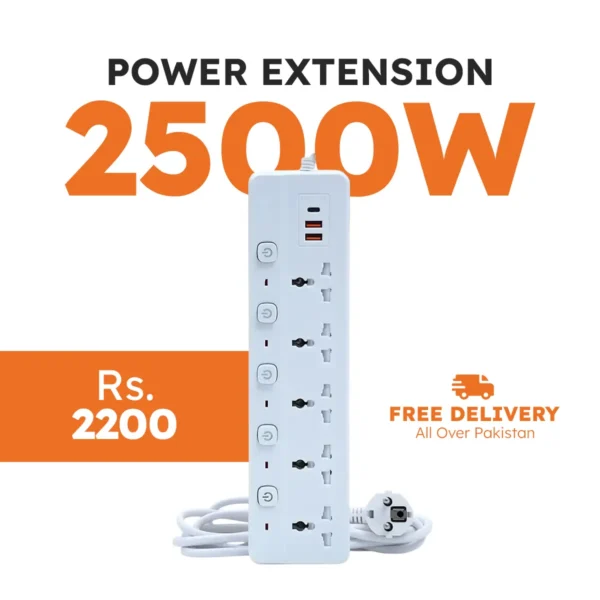 Power Extension with 5 Sockets with Individual On/Off Buttons, 2 USB & 1 Type C Port